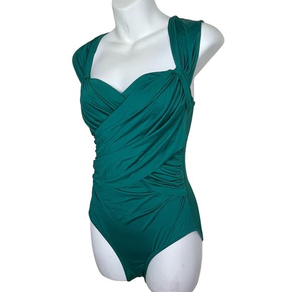 Badgley Mischka‎ Green Drape One Piece Vintage Surplice Swimsuit Size 6 - Picture 6 of 6